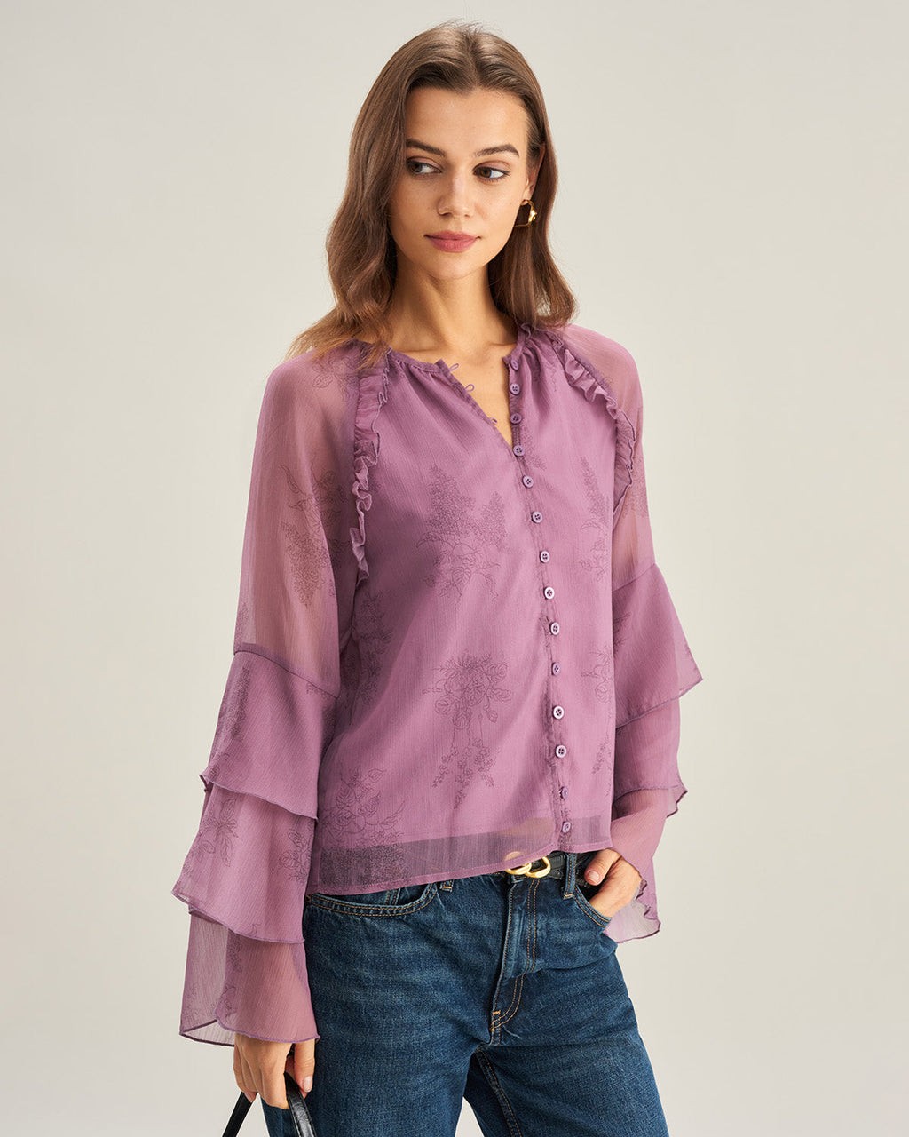 Sofia | Retro Lilla Blomster Bluse Dame Med Volanger 0