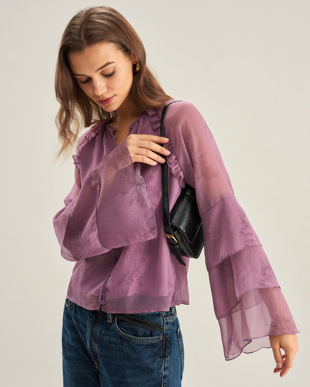 Sofia | Retro Lilla Blomster Bluse Dame Med Volanger 2