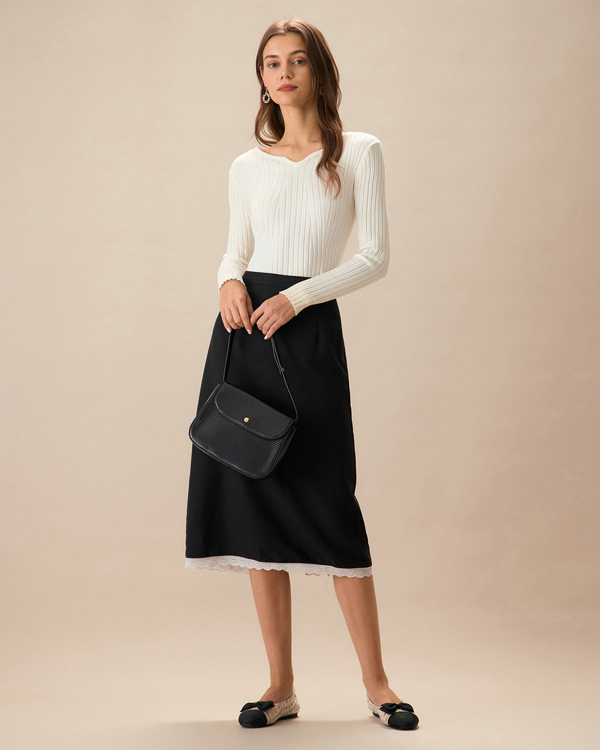 Sophie | Elegant Hvit Langermet Topp med Ribbet Design 2